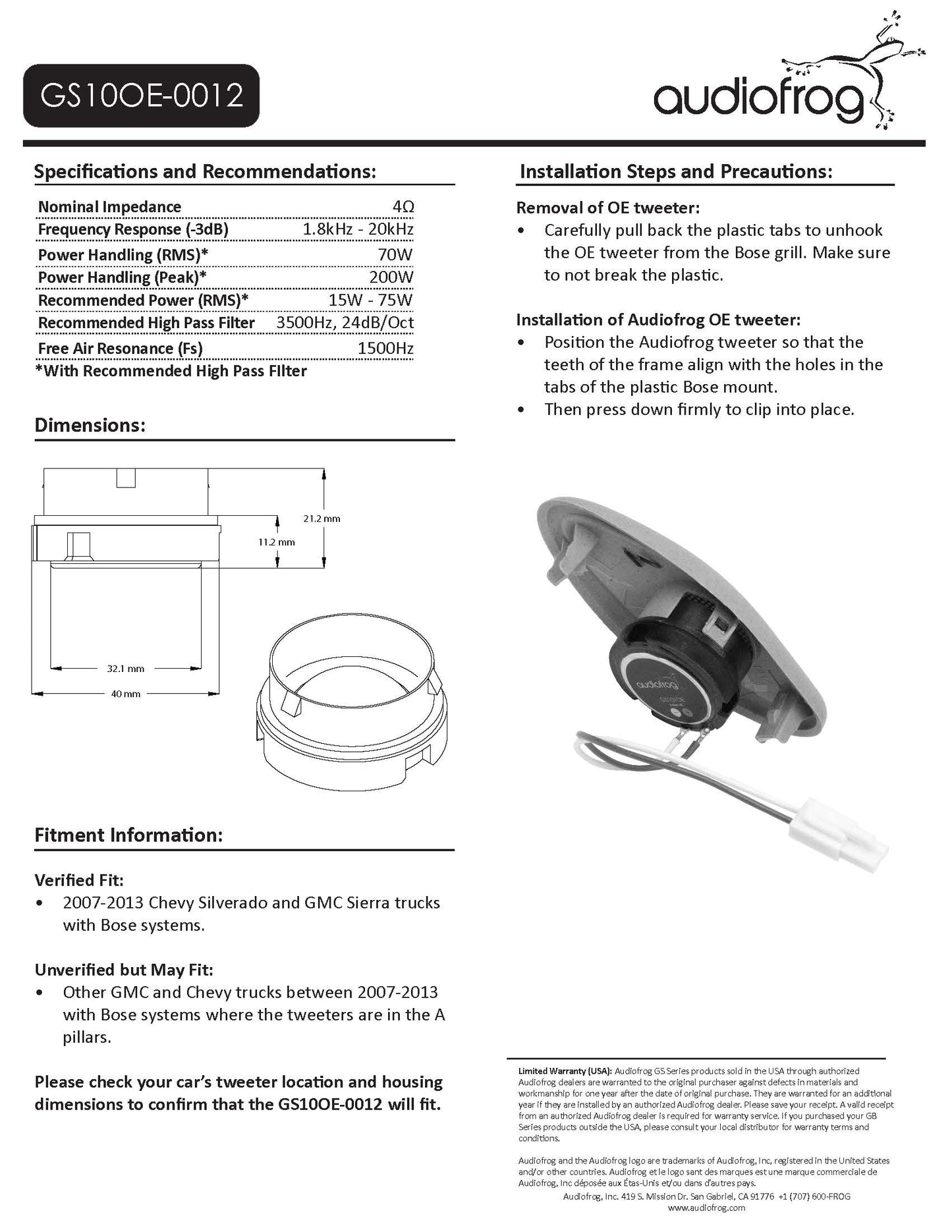 Audiofrog GS10OE-0012 (GM/BOSE)